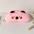 Close-up of pink plush stationery bag featuring embroidery animal face and zipper detail - Pink