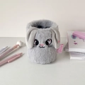 Detail of plush grey rabbit pencil holder with embroidery and long ears on desk - Grey Dog