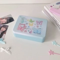Close-up of light blue tin box featuring colorful butterfly prints and Y2K star patterns - Green Butterfly