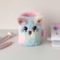 Close-up of cat-shaped plush pen holder in macaron gradient colors with golden sequins - Pastel Pink Cat