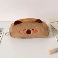 Close-up of plush bear pencil case featuring soft brown fur and cute facial embroidery - Brown