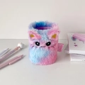 Close-up of pink and blue gradient plush cat pencil holder with glittering ears - Pastel Purple Cat