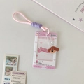 Detail of Korean-style pink and purple sliding card holder with a cute puppy pendant - Cartoon Dog Charm Style / Pink