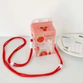 Detail of pink milk carton bag with transparent window and red rope shoulder strap - Milk Carton Shape / Tomato Style