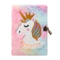 Plush unicorn A5 journal with gradient fur cover, embroidery and secure metal lock - Tie-dye Colorful Unicorn
