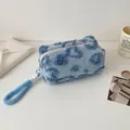 Dettaglio della borsa trucco in peluche celeste con motivi a cuore e zip rosa accesa - Blu