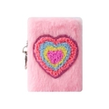 Pink plush mini notebook keychain with rainbow heart embroidery and silver metal ring - Pink Heart