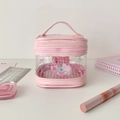 Detailed view of pink transparent PVC cosmetic bag with Sweet Time cartoon print - Pink