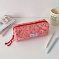 Detail of red checkered cherry pencil case with quilted fabric and large capacity storage - Red