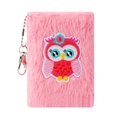Pink plush mini notebook keychain featuring a colorful owl embroidery and metal chain - Pink Owl