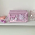 Detail of purple pencil case with glitter sequins, star charms and twin pompom zipper - Purple