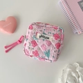 Close-up of pink tulip floral quilted pouch with zipper and Hisocute brand tag - Pink Flower