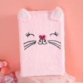 Detailed close-up of pink fluffy cat journal with 3D ears and glittery embroidery accents - Pure Pink