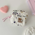 Detailed view of quilted cotton pouch with cute puppy prints and pink zipper pull - Beige Dog