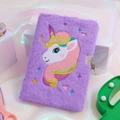 Detail of purple plush unicorn A5 diary with soft faux fur texture and silver metal lock - Purple