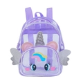 Détail d'un sac à dos licorne transparent violet avec corne scintillante et ailes argent - Violet