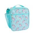 Close-up of unicorn insulated lunch bag with side mesh pocket and adjustable strap - Sky Blue