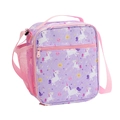 Detail of purple unicorn lunch bag with pink mesh water bottle pocket and side strap - Purple