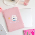 Pink corduroy tablet sleeve featuring cute white bunny embroidery and zip closure - Universal Size (28x21x2cm) / Pink Rabbit