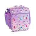 Detail view of unicorn lunch bag with gradient purple fabric and mesh side water bottle pocket - Gradient Purple