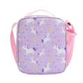 Detail of purple unicorn lunch bag with star patterns, side mesh pocket, and pink strap - Pure Purple