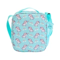 Detail of blue unicorn lunch bag with adjustable shoulder strap and side mesh pocket - Light Blue