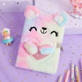 Rainbow plush cartoon bear notebook with lock and key for girls A5 journal gift - Pink Multicolor