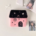 Close-up of plush house-shaped binder featuring pink embroidery and fuzzy black fabric - Binder Shell (Refills Not Included) / Black Pink Contrast Style (LT51)