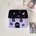 Macro view of house-shaped plush photocard holder with purple body and black roof detail - Binder Shell (Refills Not Included) / Black Purple Contrast Style (LT51)