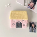 Detail of plush house-shaped photocard holder with embroidery and a cute pink bow - Binder Shell (Refills Not Included) / Yellow Pink Contrast Style (LT51)