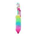 Detail of unicorn plush multi-color ballpoint pen with rainbow fur and 6-color toggle - Green Horn Unicorn
