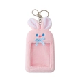 Pink plush rabbit ear card holder with blue bow and metal hook on white background - Pink Rabbit With Bowtie