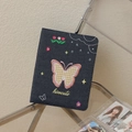 Detailed view of navy denim photocard album with butterfly embroidery and cute floral patterns - Dark Blue Butterfly Shell (No Inner Pages)