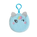 Close-up of blue plush unicorn pendant with sequin ears and colorful embroidery - Blue
