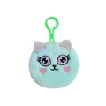 Close-up of mint green plush cat pendant with embroidered purple eyes and pink heart cheeks - Tie-Dye Green