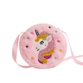 Close-up of pink plush unicorn shoulder bag with colorful embroidery and soft texture - Pink