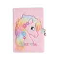 Pink plush unicorn A5 notebook for girls featuring a soft furry cover and metal lock - Pink