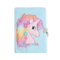 Detail eines blauen Plüsch-Notizbuchs A5 mit Einhorn, silbernem Schloss und Regenbogenmähne - Blau
