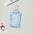Close-up of light blue star-themed PVC card holder with transparent window and ball chain - Blue