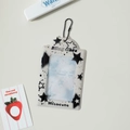 Detail view of a star pattern card holder with black bead chain and pop style graphics - Beige