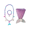 Set gioielli sirena 3 pezzi per bambine con collana di perle e portamonete in paillettes - Set da 3 Pezzi Viola (Braccialetto + Collana + Borsa Sirena)