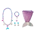 Dettaglio set gioielli a sirena con collana di perline, bracciale e portamonete lucido - Set da 6 Pezzi Viola (Collana + Braccialetto + 2 Orecchini + Anello + Borsa Sirena)
