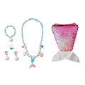 Détail d'une parure bijoux sirène avec pochette à paillettes roses et perles fantaisie - Ensemble Bleu 6 Pièces (collier + Bracelet + 2 Boucles D'oreilles + Bague + Collier Queue De Poisson)