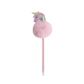 Detail eines süßen rosa Einhorn-Plüschkugelstifts mit bunter Mähne für Kinderschreibwaren - Rosa