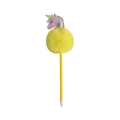 Detail eines gelben Einhorn-Stifts mit weichem Plüsch-Pompon und bunter Regenbogen-Mähne - Gelb