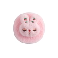 Detail of pink plush hand mirror with cute embroidered rabbit face and cherry accents - Closed Eye Pink Rabbit