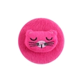 Close-up of fluffy pink plush round makeup mirror with cute cat embroidery details - Rose Red Cat