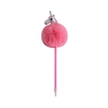 Detailed view of pink unicorn ballpoint pen with a large fluffy pompom and holographic head - Rose Red