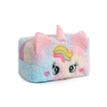 Detailansicht der Regenbogen-Plüsch-Einhorn-Tasche mit Glitzerhorn und Stickereien - Rosa