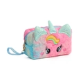 Detail der Plüschtextur der Einhorn-Kosmetiktasche mit Regenbogenstickerei und Glitzerhorn - Blau